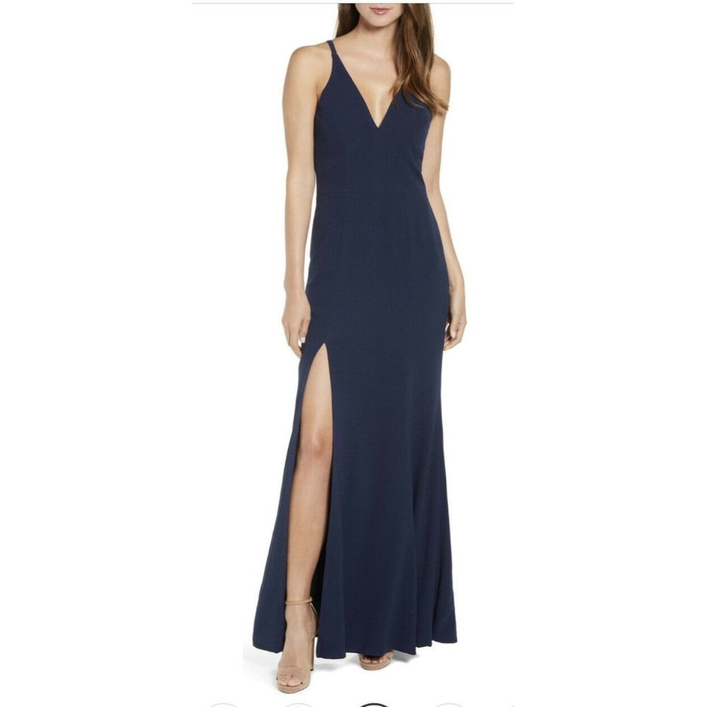 DRESS THE POPULATION Bridal Navy Iris High Slit VNeck Stretch Crepe Gown XXL NWT